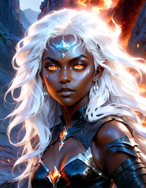 a portrait of a female dark elf, black skin, white hair, long hair, wavy hair, flowing hair, sparkling fiery eyes, there are jewelry in her hair. best quality, 16k, ultra detailed, masterpiece, best quality, (extremely detailed), dynamic angle, ultra wide ...