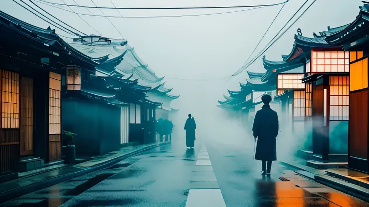 god、kimono、modern japanese city、fog