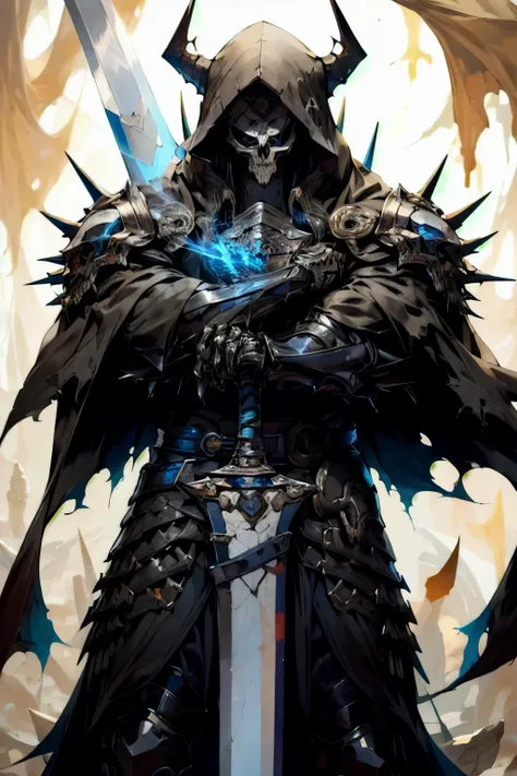 ha sang,1boy,skull mask,armor,male focus,solo,weapon,sword,spikes,looking at viewer,blue_fire,cloak,hood up,holding,(masterpiece...