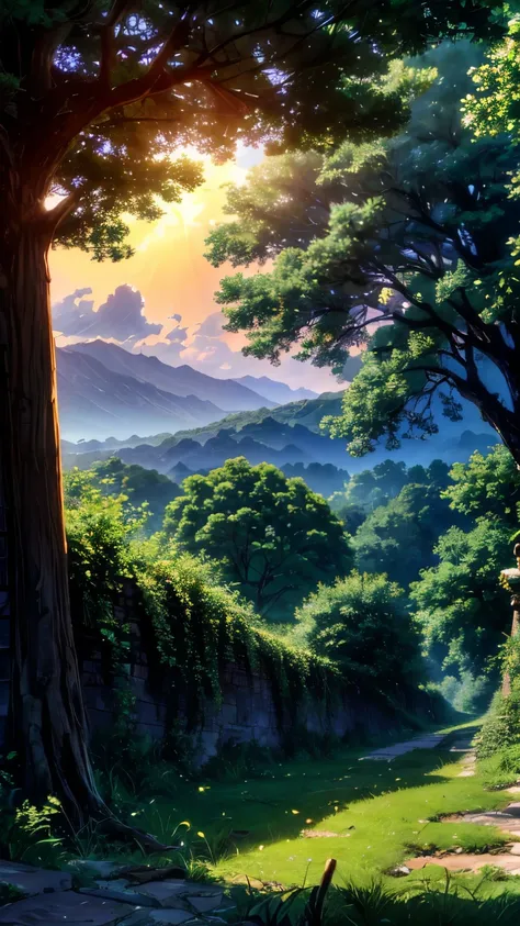 Spectacular, The vast oak trees、A hall in the middle of a quiet place々It stands tall。, Sunlit meadow. The golden light of the setting sun shines on the lush greenery, Green leaves, casting a warm, A fantastic glow throughout the scene. The sky is a vibrant...