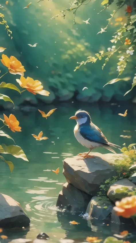 CNWGT style, No humans, bird, flower, traditional media, rock, blue flower, water, Tree, leaf, outdoor, plant, Animal Focus