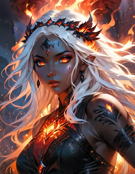 a portrait of a female dark elf, ((black skin: 1.3)), white hair, long hair, wavy hair, flowing hair, sparkling fiery eyes, there are jewelry in her hair. best quality, 16k, ultra detailed, masterpiece, best quality, (extremely detailed), dynamic angle, ul...