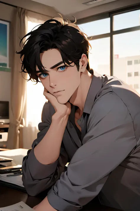 (Best Quality,4k,8k,high resolution,Masterpiece:1.2),ultra detailed,(realist,photorealist,photo-realist:1.37),1 man,31 years,mature man,very handsome,without expresion,muscled body,short gray black hair,Blue eyes,glare,perfect face without mistakes,imposin...