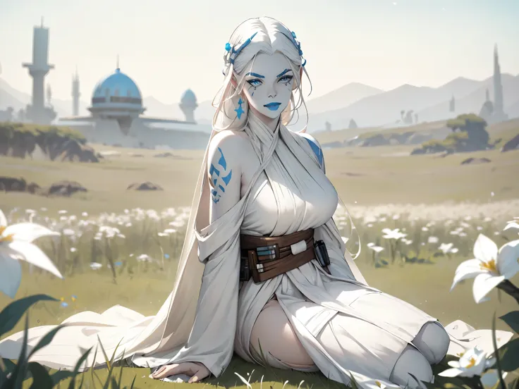 star wars, jarael, pale white skin, long white hair, ((blue lips)), ((white eyebrows)), loose white robe, sitting in a field of flowers, sitting elegantly, beautiful, cheek tattoos, smiling