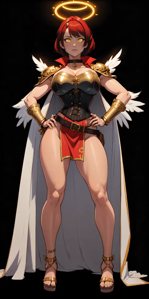 (Black background) paladin lady in ornate golden armor, black collar, pauldrons, breastplate, leather corset, glowing halo, short bob hair style, yellow glowing eyes, bright pupils, eye focus, red cape (full body, whole body, 1solo girl) fighter, loincloth...