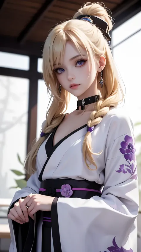 a slim beautiful girl with blonde long hair, white skin, light purple eyes, sharp jawline, wearing a kimono in black, choker, in a seductive pose looking at the viewer, partially braided, face forward, from below, looking down, 