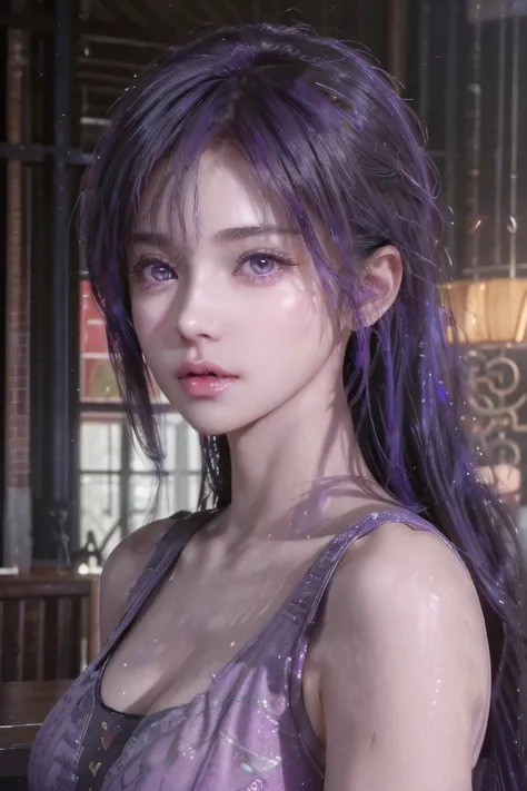 a girl with beautiful detailed purple hair, beautiful detailed light purple eyes, extremely detailed eyes and face, longeyelashes, girl standing on a bar, (best quality,4k,8k,highres,masterpiece:1.2),ultra-detailed,(realistic,photorealistic,photo-realistic...