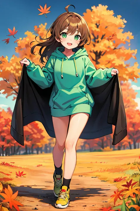 1girl, light brown hair, dark green eyes, light green hoodie with heart mark accents, autumn sky, looking at me., Narrowed eyes and a happy look, cheek, slim figure, perfect anatomy, smile, Attention to detail, full body