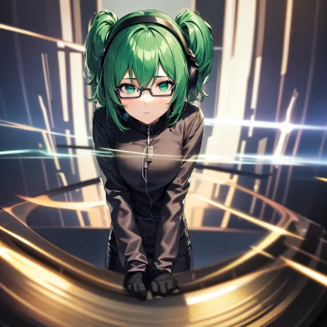 anime, deejaying girl, dj, dj girl, headphones, rave, (highest picture quality),masterpiece,best quality,extremely detailed CG wallpaper, ultra_detailed,(Cinematic Lighting:1.1), (cold face), green eyes, 1girl, solo, dark-green_hair, short_hair, masterpiec...