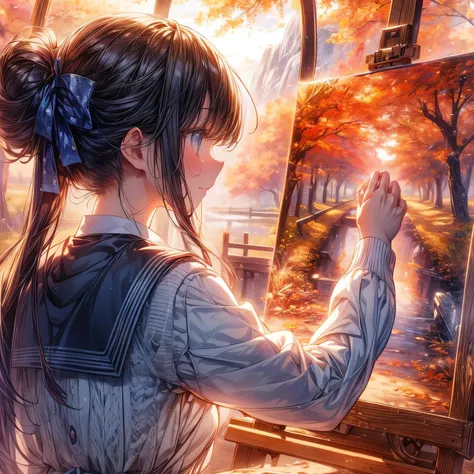 A high school girl, an art club, drawing a landscape painting of an autumn scene, an anime illustration depicting the scene from a rear angle, a landscape painting with a serious expression, sometimes smiling shyly, very Beautifully drawn, masterpiece, bes...