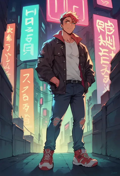 A man with neon eye standing on neon city