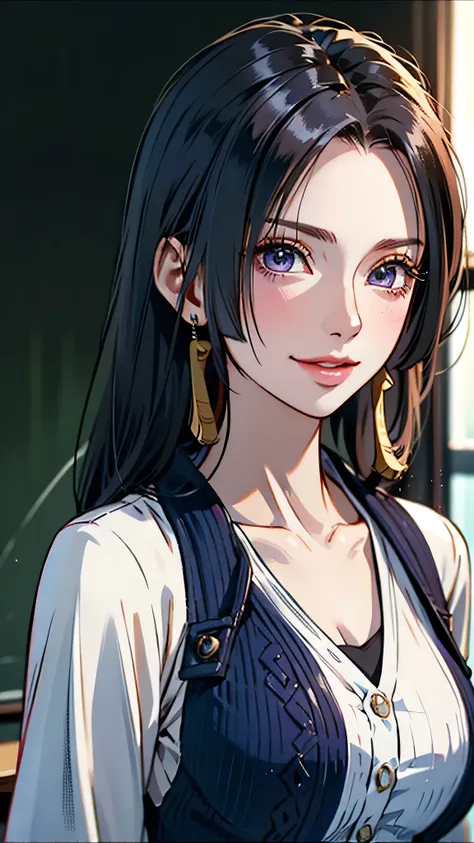 Upper body, close up, anime, anime cg, 1  girl, blackberry hair, long ponytail,solo, looking at viewers, shirt and cardigan, Classroom, facing to front ,(very detailed background:1.0), (highly detailed background:1.0), (smile;1.2) Soft light