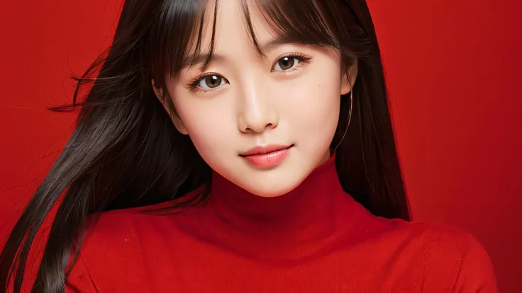 Vivid,(Detailed face),cute,Red turtleneck,Ultra-high resolution,（Photorealistic：1.7）,Long black hair red background,