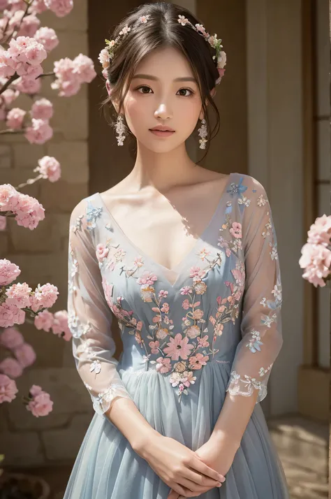 Japanese, A soft-focus scene depicting a woman in a sheer, intricately embroidered dress adorned with floral patterns. The dress features a delicate illusion neckline that blends with the skin, emphasizing the artistic design of flowers in shades of blue a...