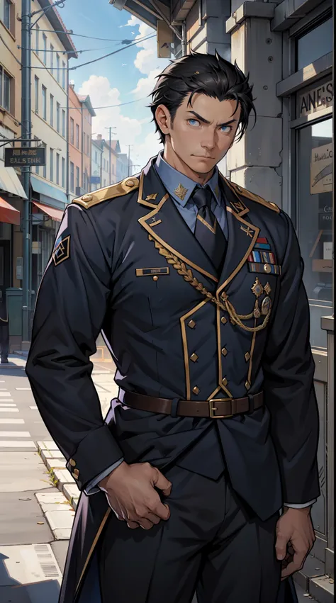 masterpiece，Best quality，illustration，lifelike，Photorealism，Facial details，Official Art，light，Tie military uniform（Guard of Honor），1 man，hansome，male，[[[［muscle］]],｛Big back hair style｝，Neat hair，Black hair，Short hair，Blue Eyes，serious，Looking at the audie...