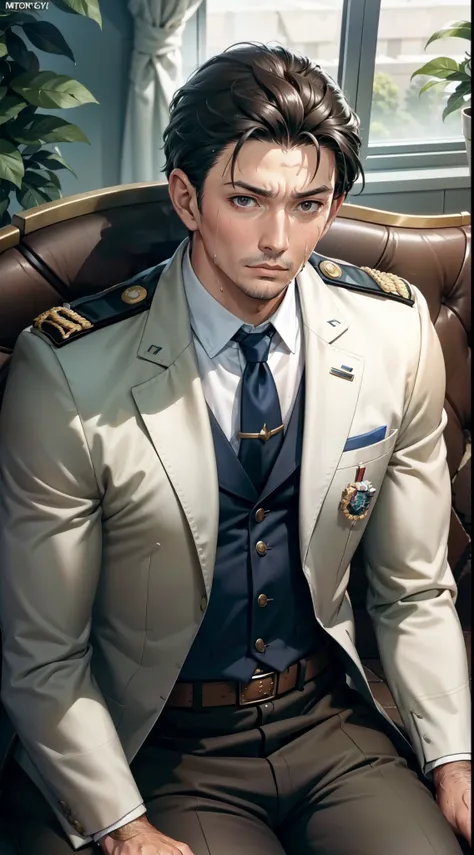 Hector Fay, Ultra high quality cg, Solitary, Looking at the audience, Open your mouth, Sweating, Wet, Drooling, Gloves, 1 man, Upper body, Male focus, tie,shirt, military uniform
