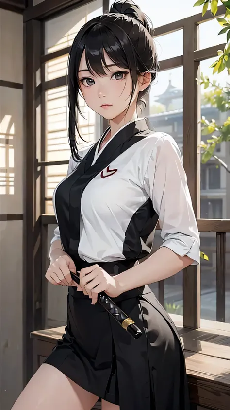 8k resolution,((Best Quality)),Ultra-high resolution,Adult women, Alone, sexy, (Expressionless), (Black eyes), A beautiful, symmetrical face, (Long black ponytail),Martial arts uniform,Japanese style long skirt,Realistic:1.4,Realistic:1.4,(masterpiece:1.2)...