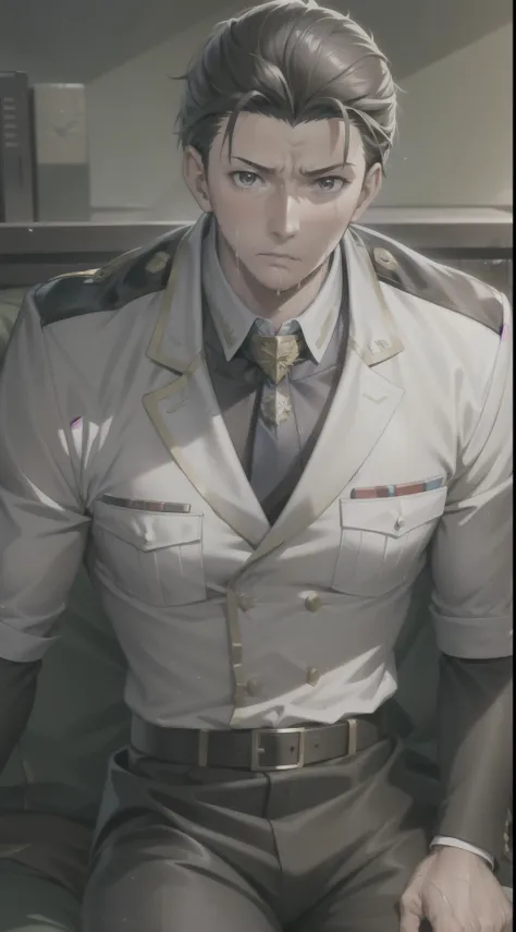 Hector Fay, Ultra high quality cg, Solitary, Looking at the audience, Open your mouth, Sweating, Wet, Drooling, Gloves, 1 man, Upper body, Male focus, tie，shirt， military uniform
