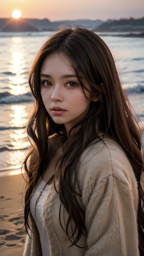 Attractive woman with light brown skin, long wavy black hair. She is dressed in animal skins. She has a dirty appearance. Light brown eyes. She is at the seashore, at sunset.