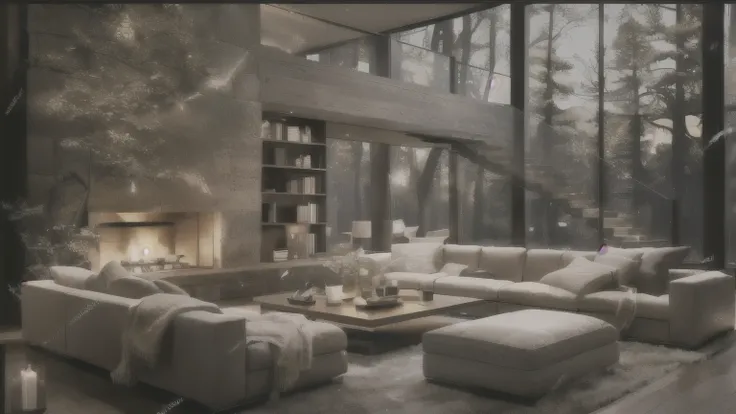 a rendering of a living room with a fireplace and a stone wall, modern house in the wood, luxurious environment, living room interior design, modern living room, cozy contemporary living room, interior living room, cozy living room interior, warm living ro...