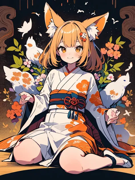 solo,((wariza)),brown hair,(bluntbangs:1.2),cute face,blonde,fox ear,(orange color 
japanese flower design kimono),dainty,elegant,flowers,birds,wind and moon,(kaleidoscope),(manga style),(sketch),(illustration),