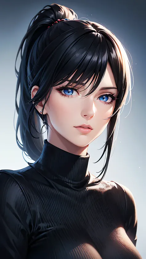 portrait, realistic, elegant mature woman, blue eyes, long ponytail har, black hair, Turtleneck with Black shirt, 4k resolution, high quality cg, beautiful cg, soft light
