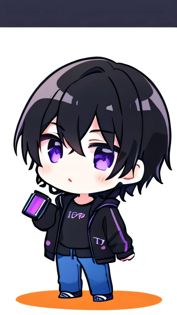 masterpiece, 1boy, short dark black hair, purple eyes, black headphones, black jacket, middle school age, immature, orange shoes, blue pants, black hand bands, black shirt, chibi