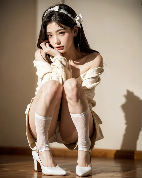 A young woman with long, dark brown hair sits gracefully on her knees, her large, expressive eyes looking forward with a soft, surprised expression. She wears a delicate white outfit with lace detailing on the sleeves and thighs, adding a touch of elegance...