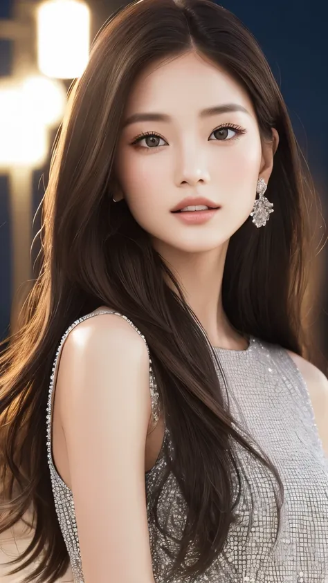 Highest quality、realistically、Photorealistic、Very detailed、Very delicate and beautiful.、RAW images、Professional lighting、Headlight、Depth of Scope、focus only、Esbian everywhere,1 female (Beach at night):1.4)、Brown hair、Brown eyes、small head、Beautiful eyes、Da...