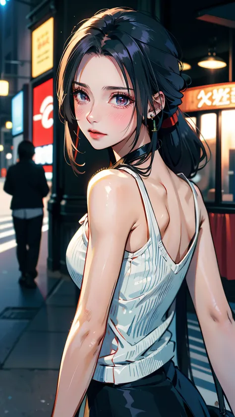 Upper body, close up, anime, anime cg, 1  girl, blackberry hair, long ponytail,solo, looking at viewers, open shoulder, street view, short skirt, (very detailed background:1.0), (highly detailed background:1.0),Blush, 