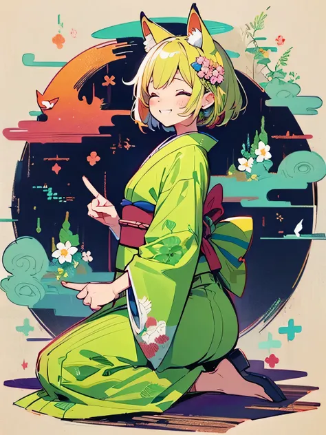 sideview,(looking at viewer),solo,((wariza)),(bluntbangs:1.2),cute face,blonde,fox ear,(green color japanese flower design kimono),(peace sign),dainty,closed eyes smile,elegant,flowers,birds,wind and moon,(kaleidoscope),(manga style),(sketch),(illustration...