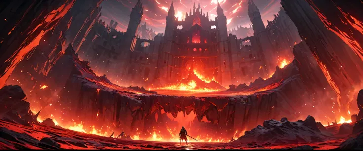  Castle ruins, Underground Cave, Huge open space, lava lake, Deep red and orange, Hot Surface, Castle built of stone, Wall decorations, Fire themed accessories, Deep red light, bright pictures, Lost Izalith, Dark Souls 1, Epic atmosphere, Flame particles i...