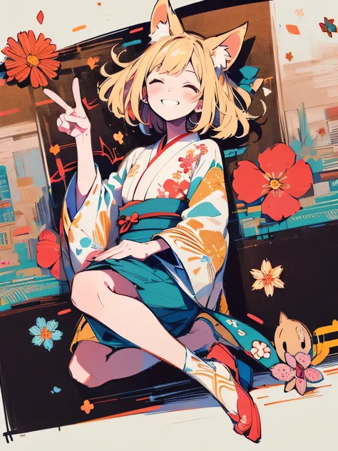 dutch angle,(looking at viewer),solo,(bluntbangs:1.2),cute face,blonde,fox ear,(red color japanese flower design kimono),(peace sign),dainty,closed eyes smile,elegant,flowers,birds,wind and moon,(kaleidoscope),(manga style),(sketch),(illustration),