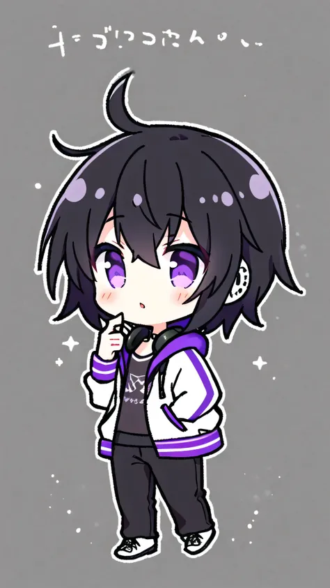 masterpiece, 1boy, short messy black hair, purple eyes, black headphones, white jacket, middle school age, immature, purple shoes, black pants, black hand bands, black shirt, chibi