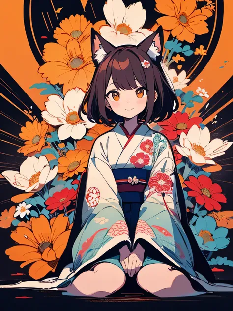 solo,((wariza)),brown hair,(bluntbangs:1.2),cute face,blonde,fox ear,(orange color 
japanese flower design kimono),dainty,elegant,flowers,birds,wind and moon,(kaleidoscope),(manga style),(sketch),(illustration),