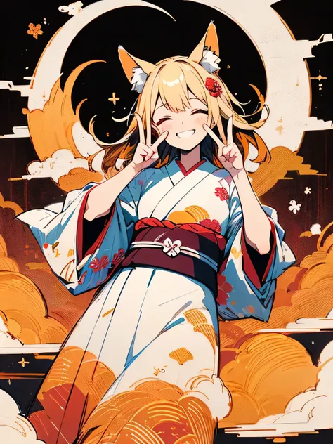 dutch angle,(looking at viewer),solo,(bluntbangs:1.2),cute face,blonde,fox ear,(red color japanese flower design kimono),(peace sign),dainty,closed eyes smile,elegant,flowers,birds,wind and moon,(kaleidoscope),(manga style),(sketch),(illustration),