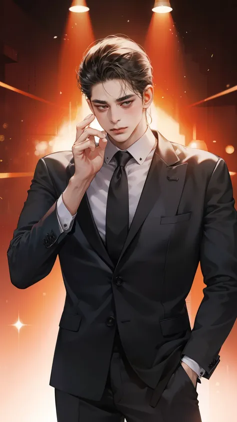 1man，Mafia Boss，Alone，Standing，Black suit，Drunk，blush，