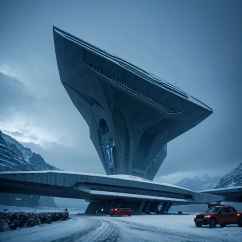 Gigantic structure in futuristic landscape. Snowy weather, dark ambiance. Vehicles. taje mahal