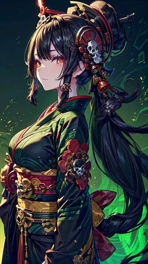 (((Half of the face) (Skull), (Half of the face) (Beautiful woman), (Black hair), (Long), (Half-up hairstyle), (Oiran), (Green and black colors), (Kimono), (Beautiful breasts) (Glamorous district background)