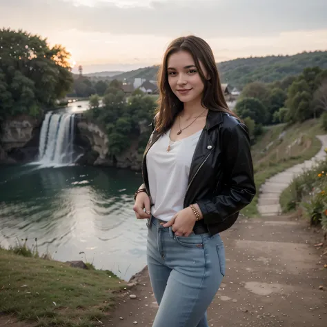 Beautiful teenage girl, European, Beautiful waterfall background, Sunset, Brown hair, Long thick hair, Beautiful eyes, Brown eyes, Beautiful breasts, Thick clothes, Wear a necklace, bracelet, Put on a watch, ภาพลักษณ์Full body, Look into the camera, Smile ...