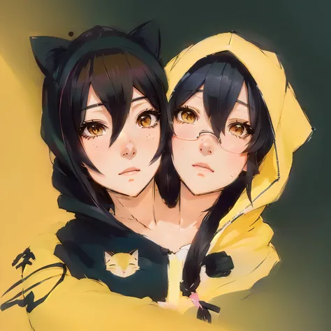 (2heads:1.2), anime - style drawing of two girls with black hair and yellow hoodie, neko, in anime style, in an anime style, anime style portrait, in japanese anime style, [ digital art ]!!, twins, anime moe artstyle, anime artstyle, sirius a and sirius b,...