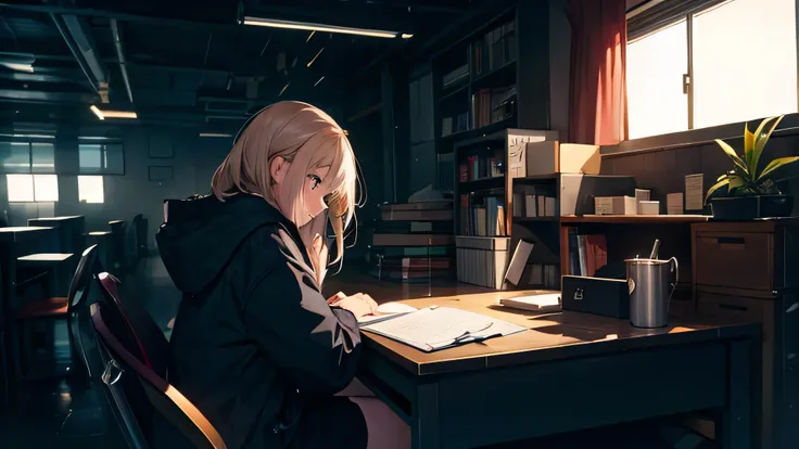 A girl is studying in a dark atmosphere