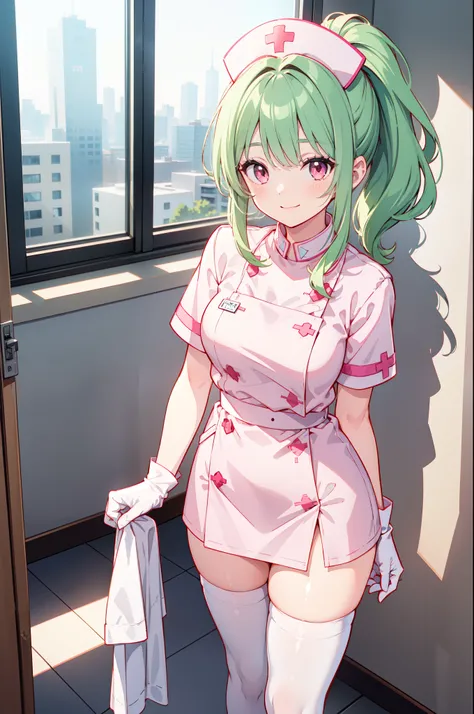 1girl, solo, nurse, nurse cap, white nurse uniform, ((white legwear, zettai ryouiki)), white gloves, ponytail, green hair, pink eyes, smile, standing, ((hospital room)), sharp outline, short sleeves, best quality, masterpiece