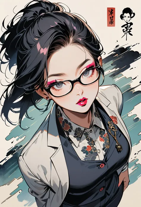 (((ink painting))), (((from above))), (((1 woman))), (((intelligent office lady suit with glasses)))), (((punk))), (((very flashy makeup))), Japanese-style computer, close-up of the face, front view, beautiful Japanese girl, black hair, delicate and precis...