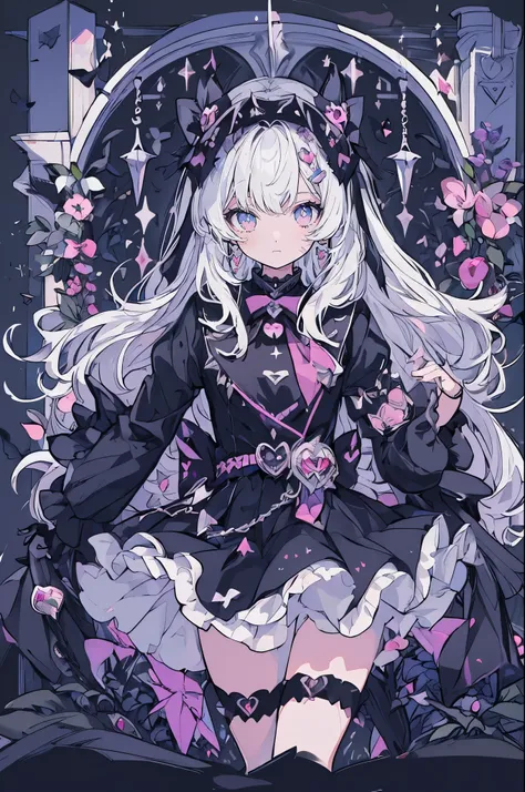 (1 Dark Magical Girl:1.5)、Black Magical Girl、(White Hair、Super long hair)、Ruffled Skirt、Black ribbon、butterfly々、Lots of black flowers、Black Feather、(Dancing)