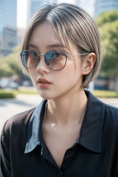 a young woman with short silver hair wearing round blue sunglasses leans forward, dressed in a black collared shirt. the backgro...