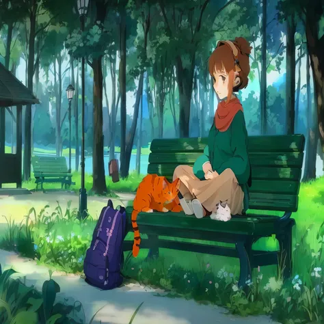 anime girl sitting on a bench with a cat and a backpack, ghibli studio anime style, style in ghibli anime style, ghibli artstyle, style in ghibli anime, ghibli screenshot, anime film still, high quality anime movie still, anime movie screenshot, ghibli ani...