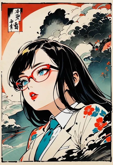 (((ink painting))), (((from above))), (((1 woman))), (((intelligent office lady suit with glasses)))), (((punk))), (((very flashy makeup))), Japanese-style computer, iPad, face close-up, front view, beautiful Japanese girl, black hair, delicate and precise...