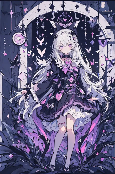 (1 Dark Magical Girl:1.5)、Black Magical Girl、(White Hair、Super long hair)、Ruffled Skirt、Black ribbon、butterfly々、Lots of black flowers、Black Feather、(Dancing)、(No light in my eyes)