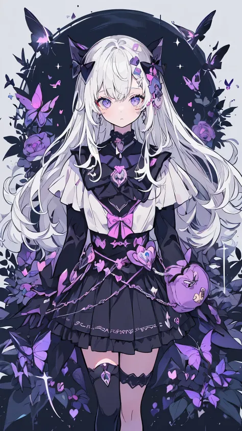 (1 Dark Magical Girl:1.5)、Black Magical Girl、(White Hair、Super long hair)、Ruffled Skirt、Black ribbon、butterfly々、Lots of black flowers、Black Feather、(Black Eyes、No light in my eyes)